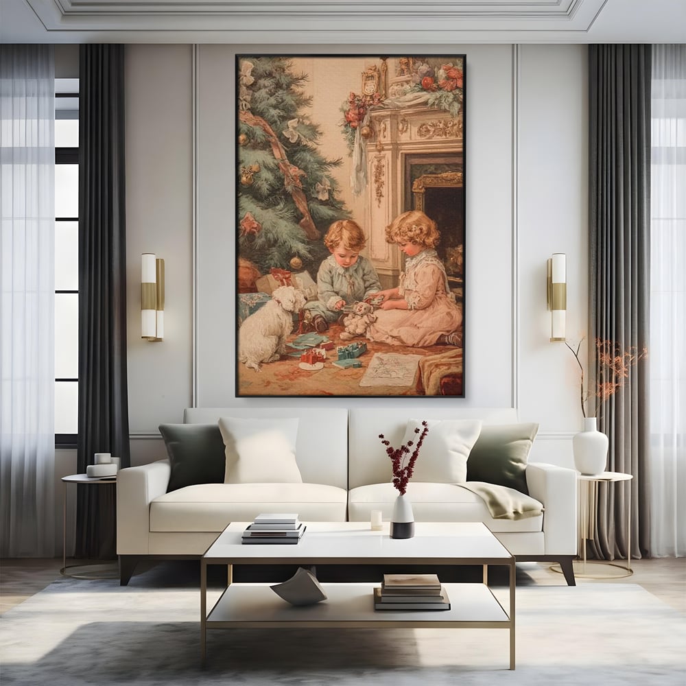 Tablou canvas cu ilustratie vintage cu copii langa bradul de craciun, in rama de aluminiu negru, pe perete intr-un living